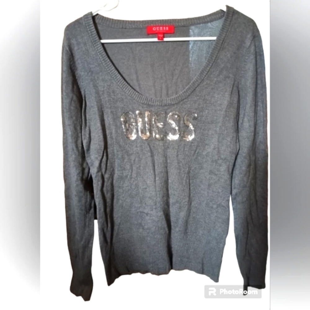 Women's Guess Gray Scoop neck Sweater with Silver Sequin Bling 💎 logo